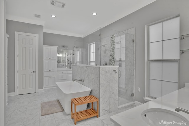 bathroom featuring vanity, plus walk in shower, and ornamental molding