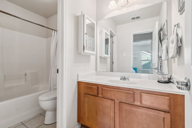 full bathroom featuring vanity, shower / bathtub combination with curtain, tile patterned floors, and toilet