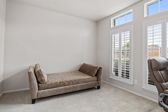 living area featuring light colored carpet