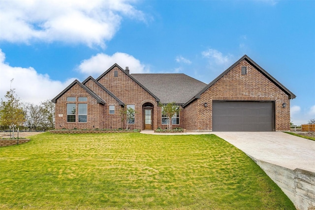 view of front of house with driveway, brick siding, a chimney, and a front yard