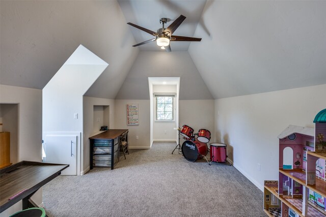 recreation room with lofted ceiling, light carpet, and ceiling fan