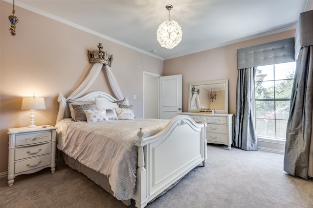 bedroom with light carpet and ornamental molding