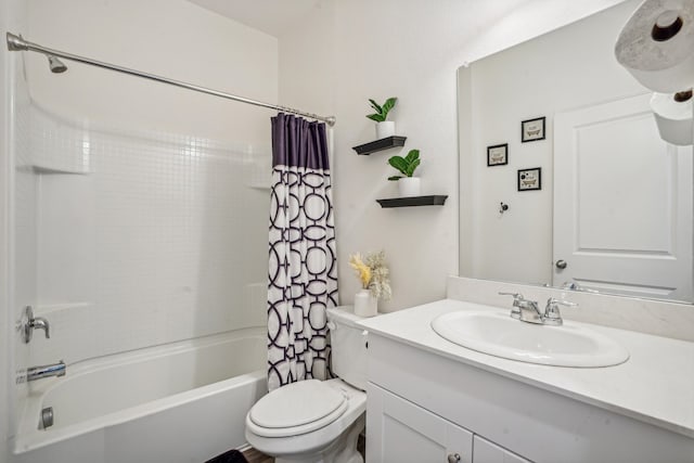 full bathroom featuring toilet, shower / bath combo, and vanity