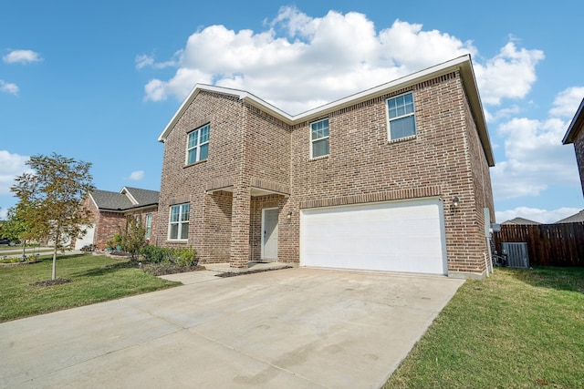 front facade with a garage, central AC, and a front yard