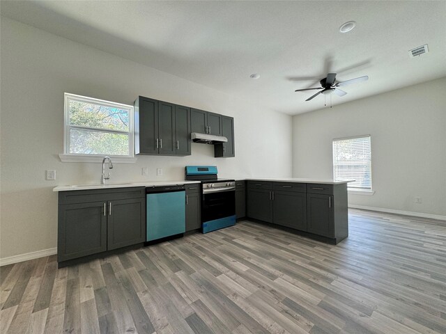 209 Smith St, Hillsboro, TX 76645 - kitchen featuring dishwashing machine, electric stove, a sink, under cabinet range hood, and ceiling fan
