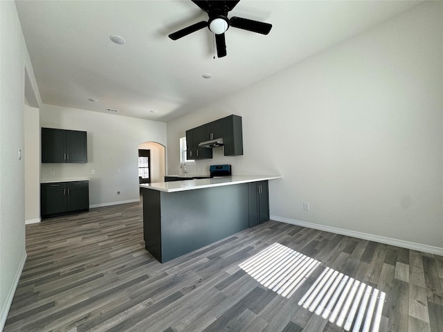209 Smith St, Hillsboro, TX 76645 - kitchen with arched walkways, range, wood finished floors, a ceiling fan, and under cabinet range hood