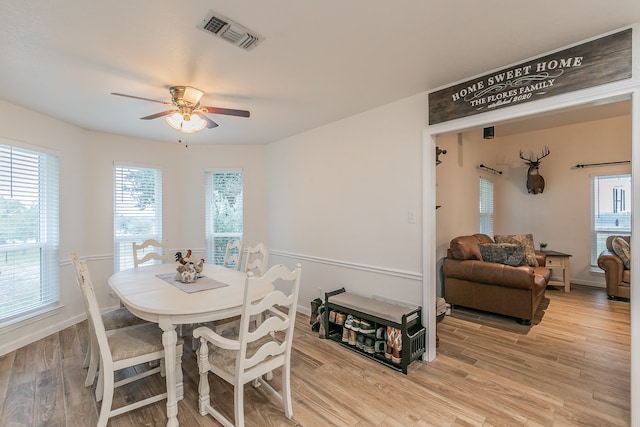 dining room featuring ceiling fan and light hardwood / wood-style flooring