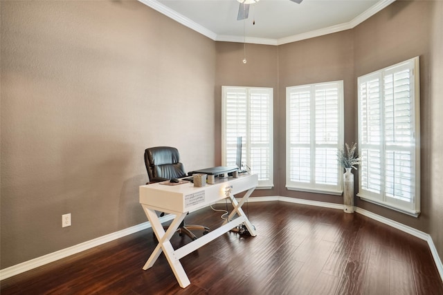 home office with ornamental molding, hardwood / wood-style floors, and ceiling fan