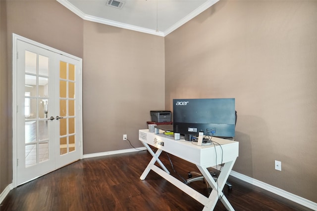 office featuring dark hardwood / wood-style flooring, french doors, and crown molding