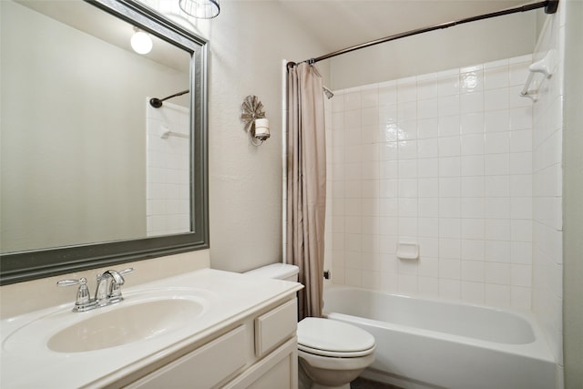 full bathroom with toilet, vanity, and shower / bath combination with curtain