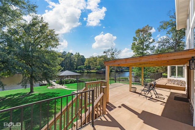 view of patio / terrace featuring a water view