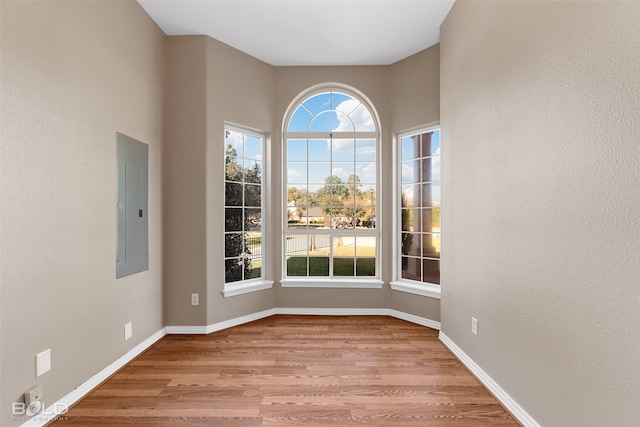 spare room featuring electric panel and light hardwood / wood-style floors