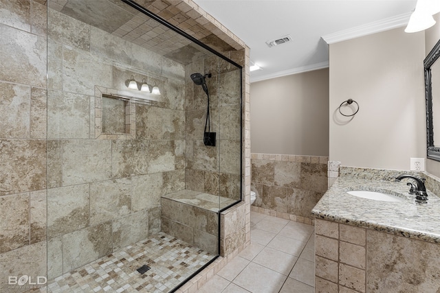 bathroom with toilet, tile patterned floors, sink, crown molding, and a shower with shower door