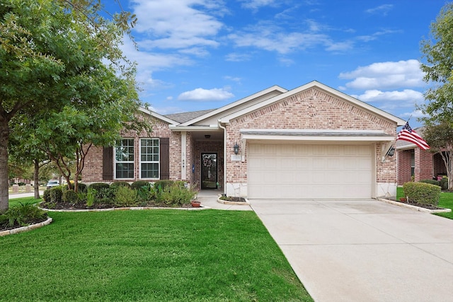 7315 Trull Brook Ln, Frisco, TX 75036 - ranch-style home with concrete driveway, roof with shingles, a front yard, brick siding, and a garage