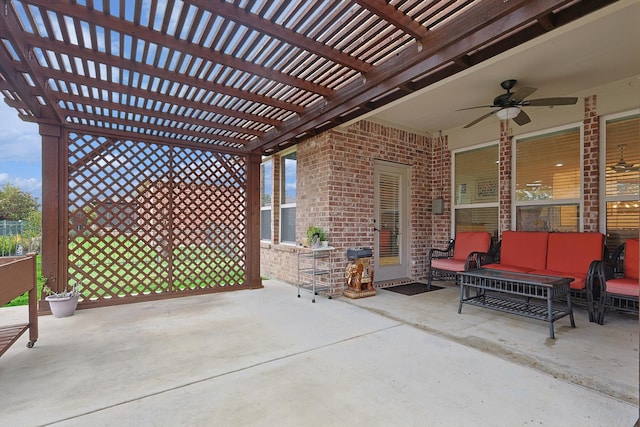 view of patio / terrace with an outdoor hangout area, a pergola, and ceiling fan