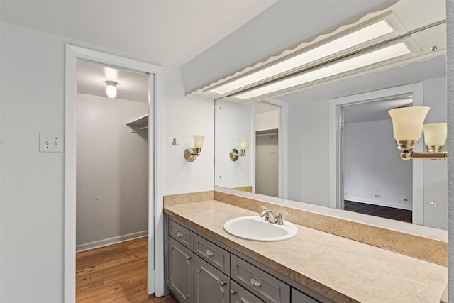 bathroom with vanity and wood-type flooring