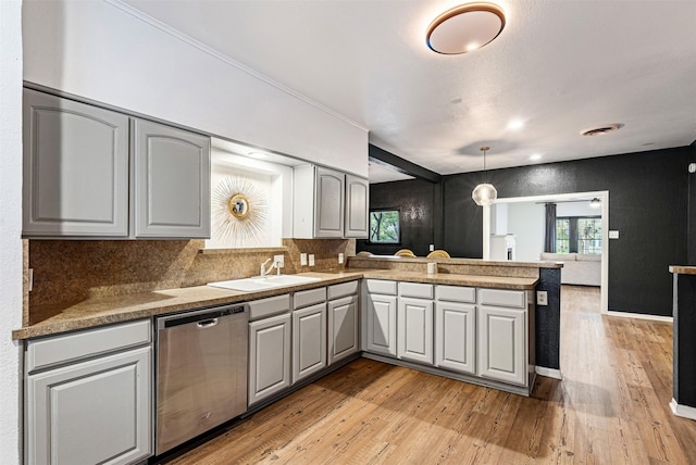 kitchen with dishwasher, kitchen peninsula, decorative light fixtures, decorative backsplash, and light wood-type flooring