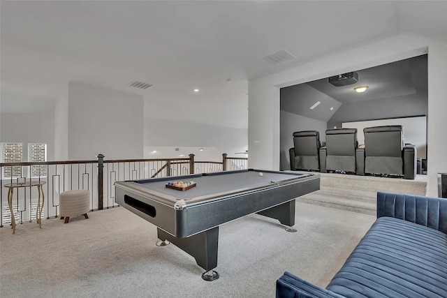 playroom featuring billiards, vaulted ceiling, and light carpet