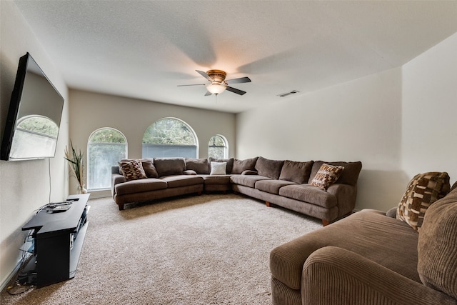 carpeted living room with ceiling fan and a textured ceiling