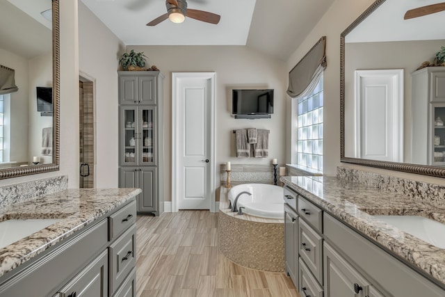 bathroom with lofted ceiling, hardwood / wood-style flooring, plus walk in shower, and vanity