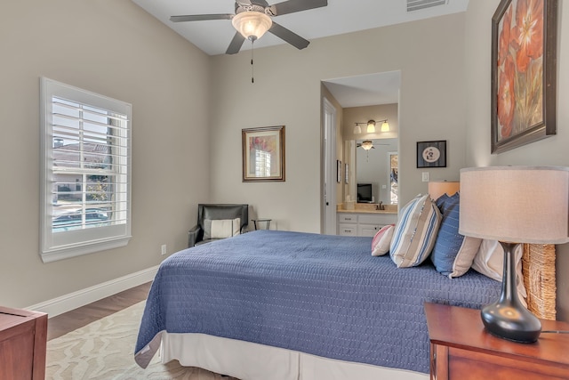 bedroom featuring wood-type flooring and ceiling fan