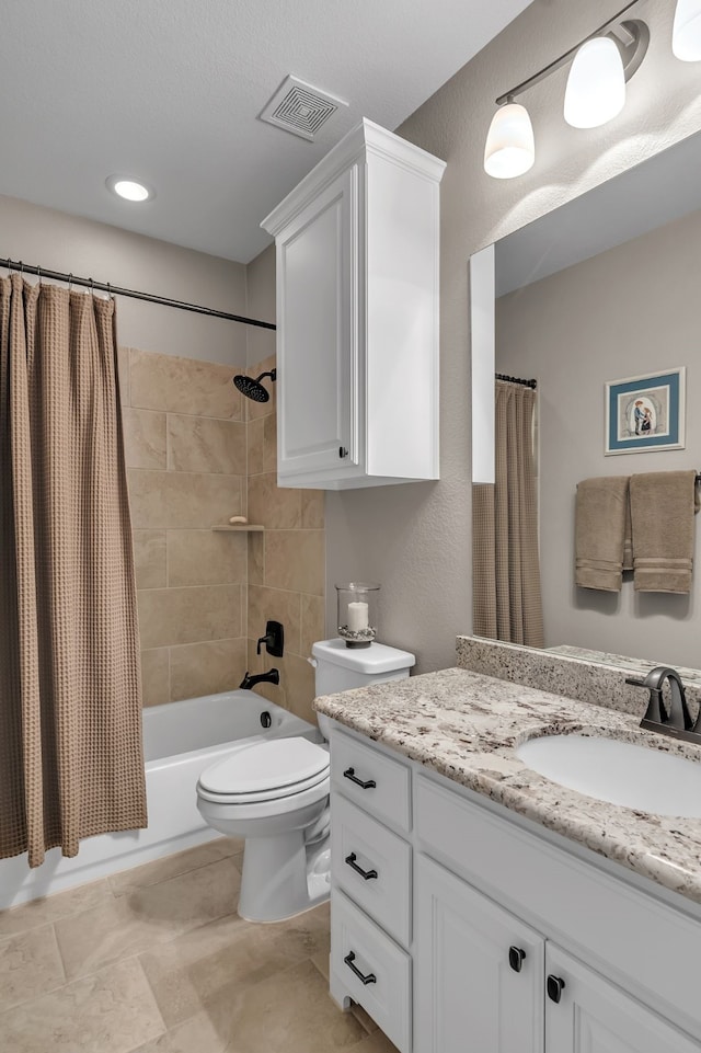 full bathroom with vanity, toilet, and shower / bathtub combination with curtain