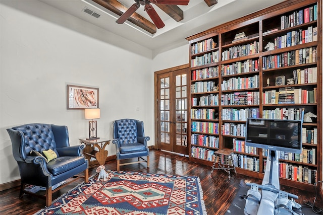 sitting room with french doors and dark hardwood / wood-style flooring