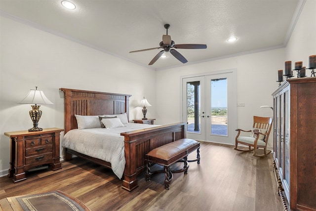 bedroom featuring french doors, dark wood-type flooring, access to exterior, ceiling fan, and crown molding