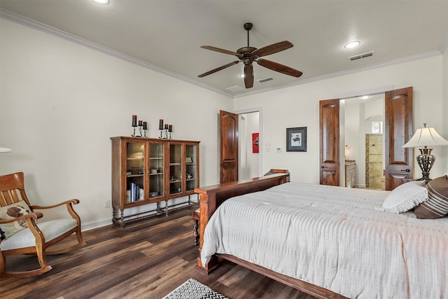 bedroom featuring dark wood-type flooring, ornamental molding, connected bathroom, and ceiling fan