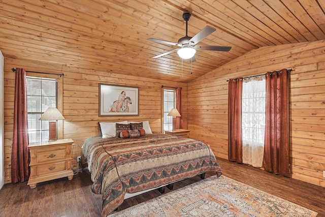 bedroom featuring lofted ceiling, wooden ceiling, ceiling fan, multiple windows, and dark hardwood / wood-style flooring