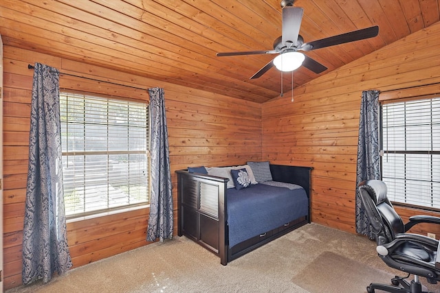 bedroom with ceiling fan, multiple windows, and vaulted ceiling