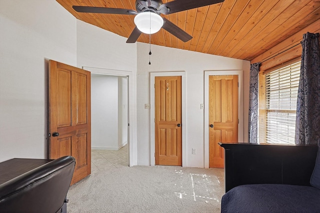 carpeted bedroom with ceiling fan, wooden ceiling, and lofted ceiling