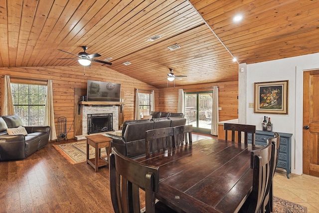 dining space with ceiling fan, wood ceiling, and wooden walls