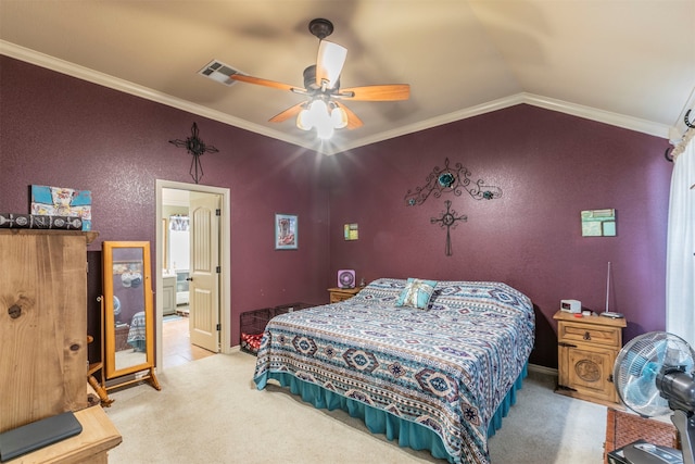 bedroom featuring vaulted ceiling, carpet flooring, ceiling fan, and crown molding