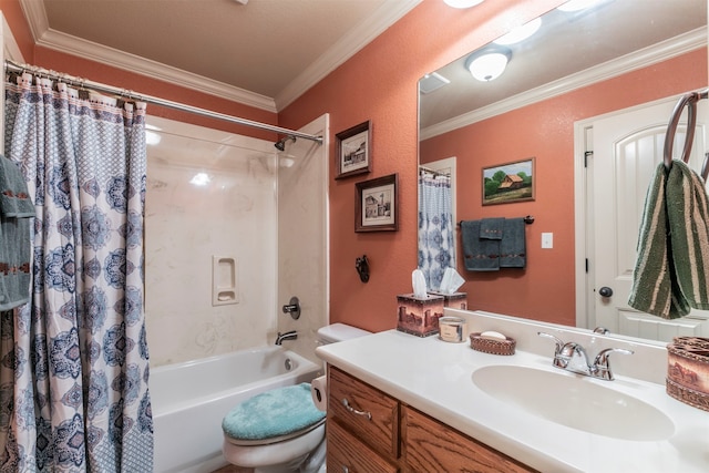 full bathroom with toilet, shower / tub combo with curtain, vanity, and crown molding