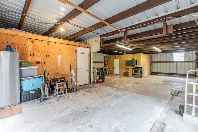 garage with wood walls