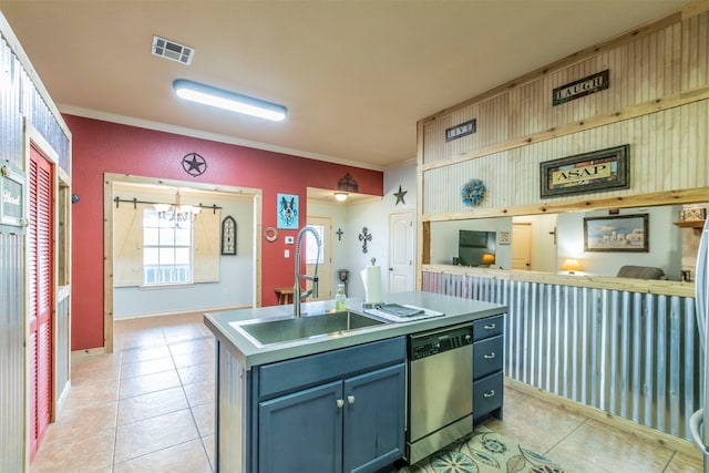 kitchen featuring light tile patterned flooring, crown molding, sink, stainless steel dishwasher, and a kitchen island with sink