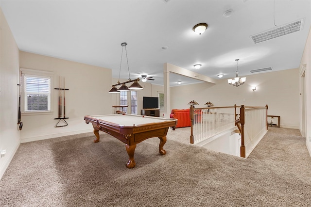 playroom featuring billiards and light carpet