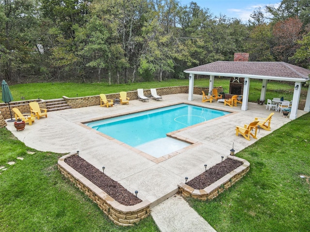 view of pool with a patio area, an outdoor living space, a gazebo, and a lawn