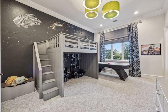 bedroom with carpet and crown molding