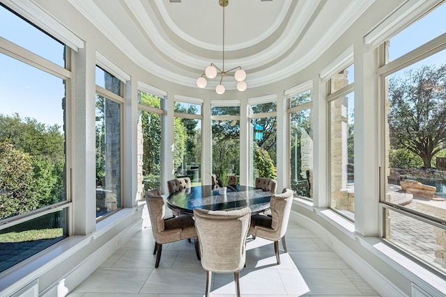 6800 Rainwood Dr, Plano, TX 75024 - sunroom / solarium featuring crown molding, healthy amount of natural light, tile patterned flooring, and a raised ceiling