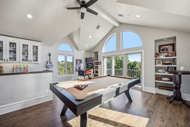 rec room featuring dark hardwood / wood-style flooring, lofted ceiling with beams, billiards, and plenty of natural light