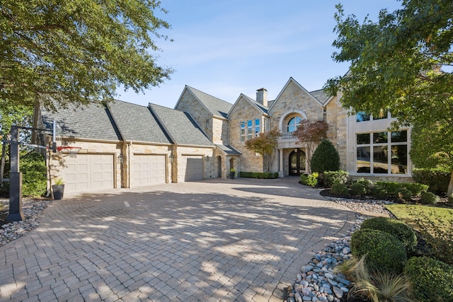 6800 Rainwood Dr, Plano, TX 75024 - french country inspired facade featuring stone siding, decorative driveway, a garage, and a chimney