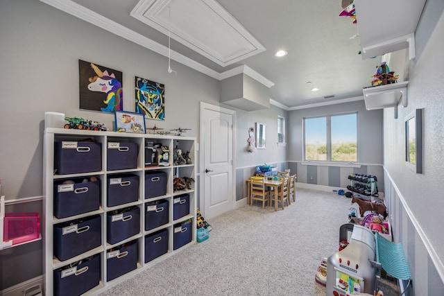 6800 Rainwood Dr, Plano, TX 75024 - game room with attic access, crown molding, carpet flooring, and recessed lighting