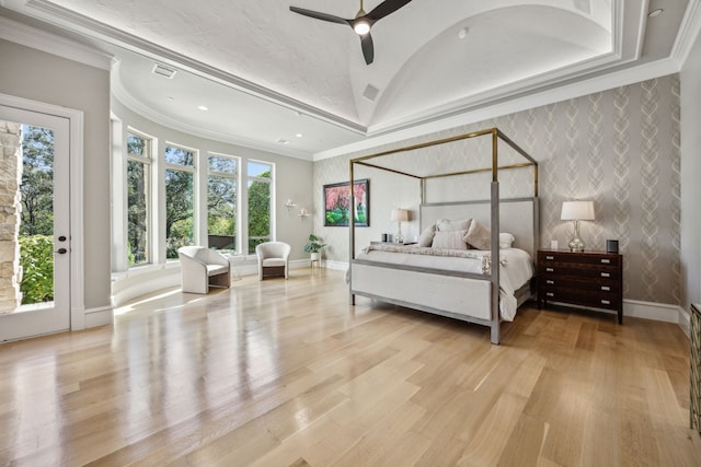 6800 Rainwood Dr, Plano, TX 75024 - bedroom featuring baseboards, light wood finished floors, ornamental molding, wallpapered walls, and access to exterior