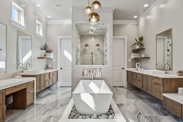 6800 Rainwood Dr, Plano, TX 75024 - bathroom featuring crown molding, a tile shower, a soaking tub, two vanities, and marble tiled floors