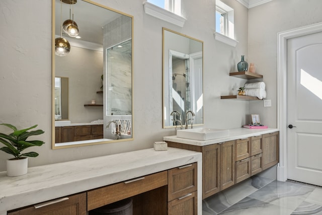 6800 Rainwood Dr, Plano, TX 75024 - bathroom featuring crown molding, vanity, and marble finish floors