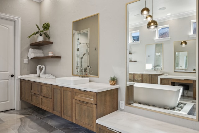 6800 Rainwood Dr, Plano, TX 75024 - bathroom featuring ornamental molding, vanity, marble finish flooring, and a soaking tub