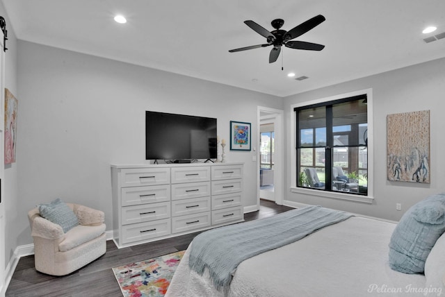 bedroom featuring crown molding, dark wood-type flooring, access to exterior, and ceiling fan