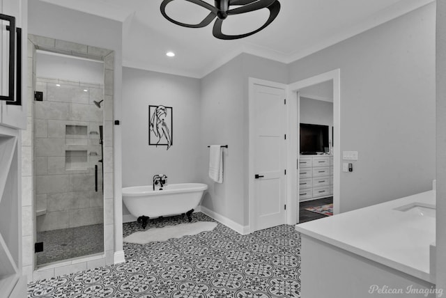 bathroom with plus walk in shower, tile patterned flooring, and crown molding